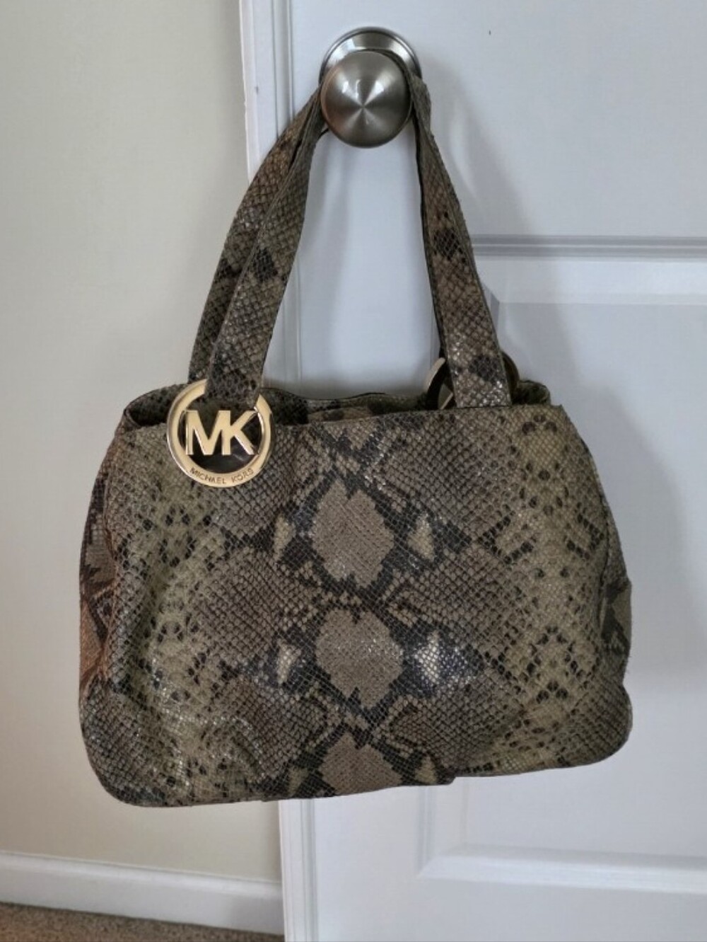 Michael Kors Snake-Print Satchel in Brown